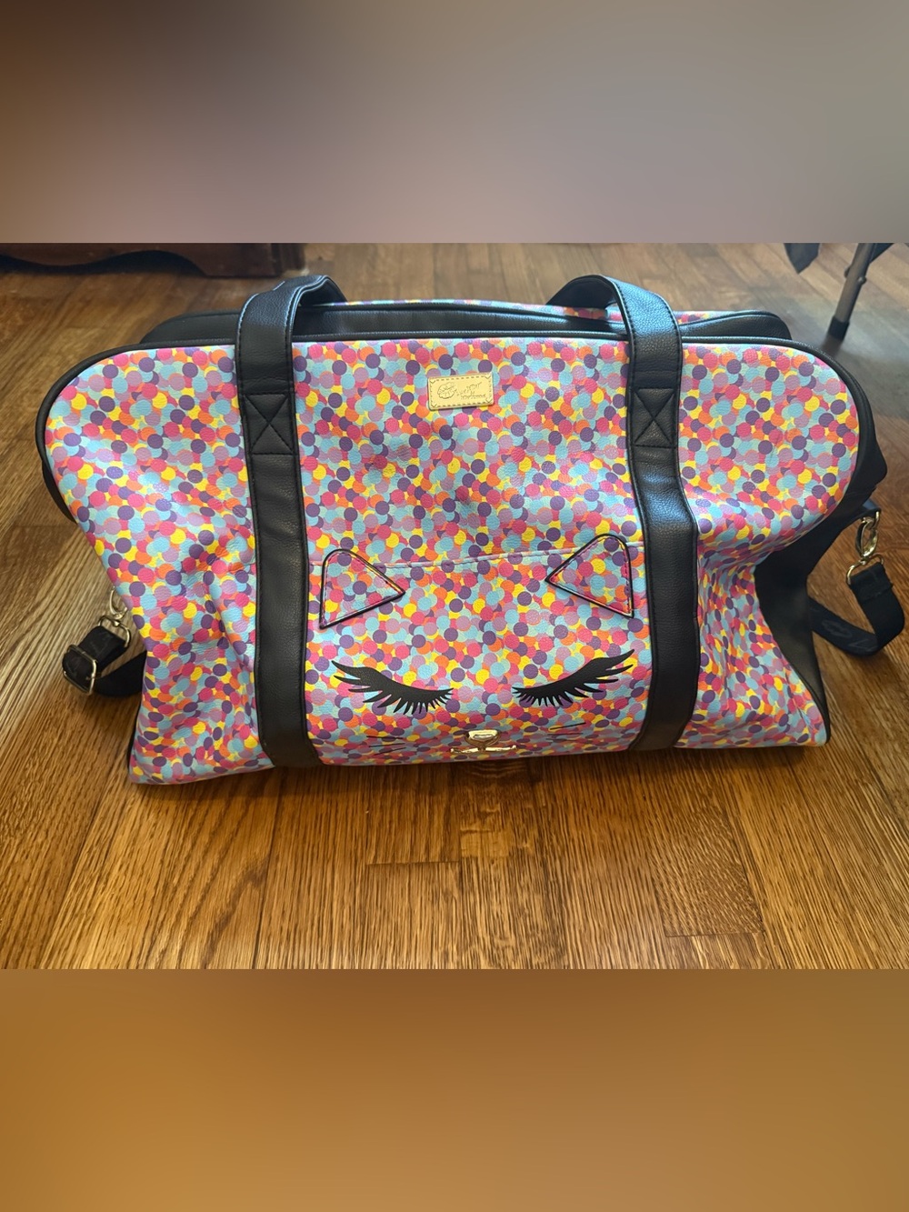 Betsey Johnson Multicolor Confetti Cat Travel Bag with Black Trim